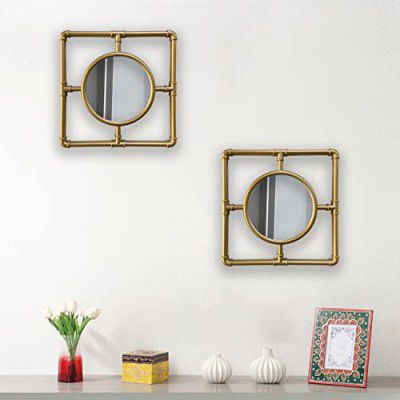Art Street Arianda Square Wall Mirror Square Shape Golden Decorative Wall Mirror for Home Décor (24 x 24 Cm) - Set of 2