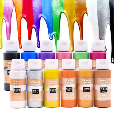 Artecho Acrylic Paint Set of 12 Metallic Colors, 59ml / 2oz Primary Acrylic Paint for Outdoor Decoration, Art Painting, Supplies for Wood, Fabric, Shoe, Rock, Crafts & Canvas.