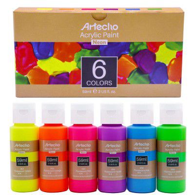 Artecho Neon Paint - Set of 6 Colors, 59 ml / 2 oz Acrylic Paint for Outdoor Decoration, Art Painting, Supplies for Wood, Fabric, Shoe, Rock, Crafts & Canvas