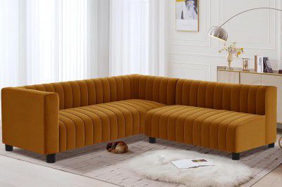 Artful Living 3+2 Wooden 5 Seater Velvet Fabric L Shape Sofa Set - Golden Color
