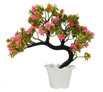 Artificial Bonsai Tree – Pink Floral Decorative Plant for Home, Office & Tabletop Decor, with White Plastic Pot