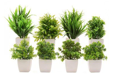 Artificial Plants with Pot 8 Pack | Realistic Looking | Multi Variety | Durable Plastic 