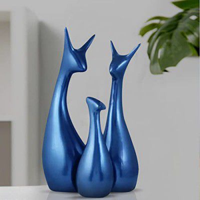 ARTISANS ALLEY Muted Matte Metallic Blue Home Decor Lucky Deer Family Ceramic Figurine (Set of 3, Blue)