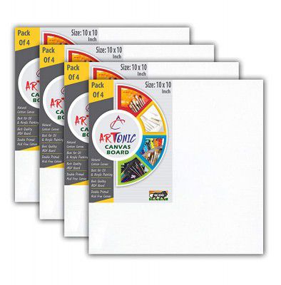 Artonic Cotton Canvas Board Medium Grain - White Color Size: 10 Inch x 10 Inch Pack of 4 Boards