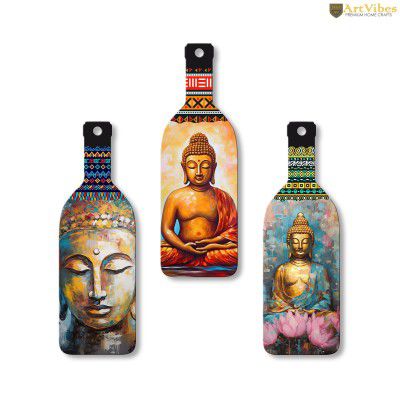 Artvibes Meditating Gautam Buddha Bottle shaped Wooden Wall Hanging | Spiritual Decor Items | Wall Art Painting For Hall | Wall Paintings | Handcrafted Art | Poster | Gift Items (WH_9507N), Set of 3