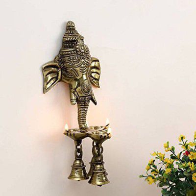 ARYADIT Metal Ganesh Deepak With Bell Brass Wall Hanging Brown For Temple And Homes