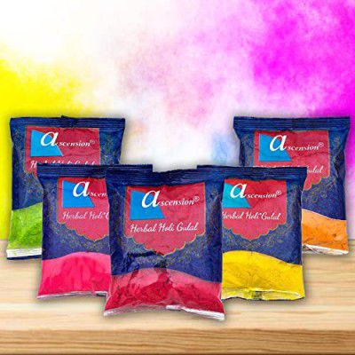 Ascension Natural Holi Gulal Colour - Orange, Yellow, Red, Green and Pink Tesu Flower, Rose Petals, Marigold, Maize Starch, Food Colour - Pack of 5 (80gm x 5)