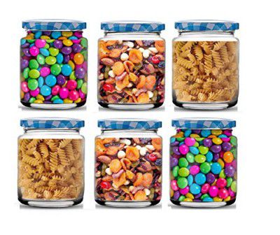 Ash & Roh - 200 ml Clear Glass Jar and Container with Air-Tight Blue Checks Lid Storage of Spices and Dry Fruit (6)