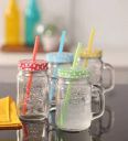 Ash & Roh Glass Jar with Lid, Handle and Straw - 4 Pieces, Multicolour, 500ml...