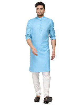 ashtang Men's Cotton Blend Solid Regular Fit Plain Kurta (PLN K= Sky 34 XS)