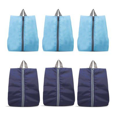 Ashtron Shoe Storage Organizer Bags Set, Water-Resistant Nylon Fabric with Sturdy Zipper for Traveling (6 Pack) (Navy Blue and Aqua Blue(Turquoise))