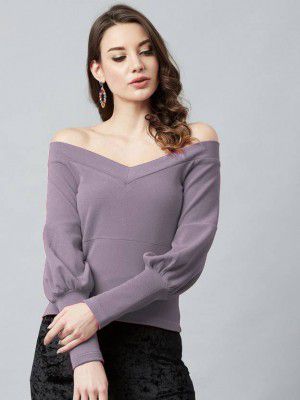 ASHVMEGH Casual Puff Sleeves Solid Women Purple Top
