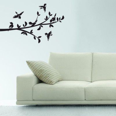 Asian Paints Wall-Ons, Branch with 6 Birds Decal, PVC Vinyl Decorative Wall Sticker for Hall, Living & Bedrooms, DIY Removable Peel and Stick, Covers H 1 ft x W 2.5 ft, Black, Home Décor