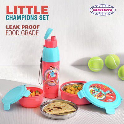 ASIAN Plastowares Little Champions 3-in-1 Insulated Lunch Box Set | 700ml Steel Tiffin, 500ml Water Bottle