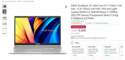 Big Loot | ASUS VivoBook 15, X1500EA-EJ3379WS Intel Core i3 Laptop @ ₹3500