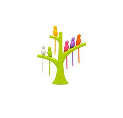 ATEVON Bird Plastic Fruit Fork Pack with Stand, 6-Pieces, Multicolor