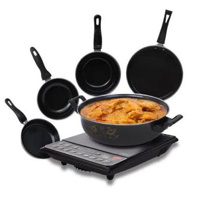 ATEVON cookware Collection Set of 5 pcs (Induction Base) Black Includes Kadhai, Tawa, Fry Pan, Tadka pan, Milk Pan, Enamel Cast Iron