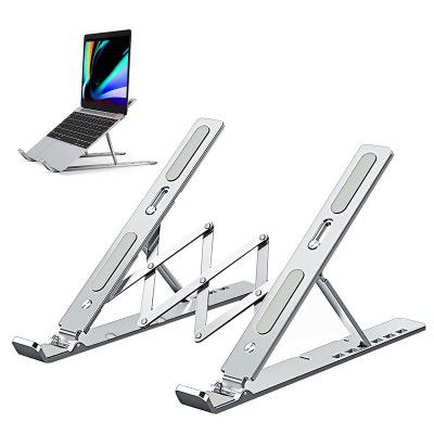 Atevon Foldable Aluminum Laptop Stand - 6-Level Adjustable Riser for 10-15.6 MacBook, Notebooks & Tablets | Portable Holder for Desk, Office, Reading (Silver)