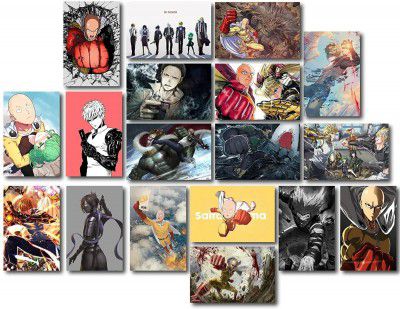 ATEVON One Punch Man Wall Poster Set – Pack of 18 Mini Wall Collage Kit (6x4 Inch) – Aesthetic Posters for Room Decor, Unframed Wall Art for Fans