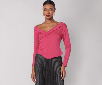 Athena Lifestyle Fuchsia Regular Sleeves Solid Party Top