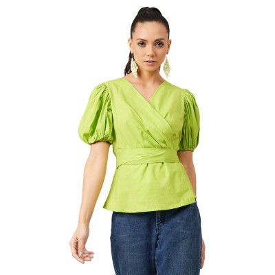 ATHENA LIFESTYLE Lime Green Puff Sleeves Solid Casual Top