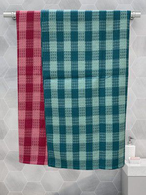 Athom Living Eco Saviour Premium Cotton Bath Towel Pink & Green Checkers- Pack of 2