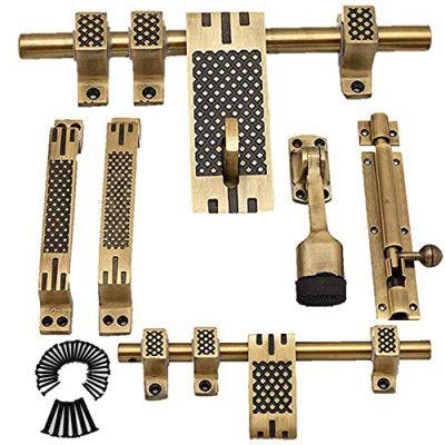 Atom 10 inches Aluminium Single & Double Door Fittings Set | Hardware Accessories Kit, Brass Antique Finish | 1 Big Aldrop 10,1 Small Aldrop 8,2 Handles 6,1 Latch 7,1 Stopper 6