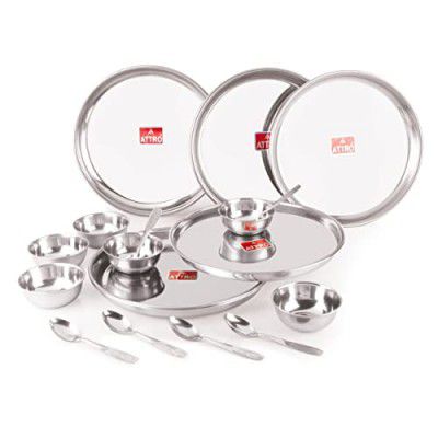 Attro 18 Pieces Dazzle Series Stainless Steel Dinnerware/Dinner Set - 6 Thali, 6 Bowl, 6 Spoon, Food Grade Quality Kitchen Set Use for Home, Restaurants & Outdoor - Silver,Solid