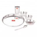 Attro 6 Pieces Smart Stainless Steel Dinnerware/Dinner Set - 1 Thali, 1 D.Plate, 2 Bowl, 1 Glass, 1 Spoon, Kitchen Set for Home, Restaurants, Family - Silver...