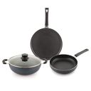Attro Aluminium Imperial 4Pcs Non Stick Combo Kitchen Induction and Gas Compatible Cookware Set Kadai, Fry Pan, Dosa Tawa & 1 Glass Lid- Spanish Grey...
