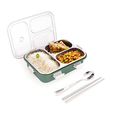 Attro Bento 3 Compartment Stainless Steel Lunch Box with Steel Cutlery Inside, Heating & Water Insulation Design Use for Office, School & Travelling, 750 ml - OliveGreen