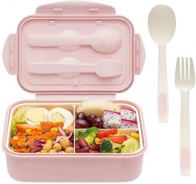 Attro Carbon Lunch Box 3 Compartment, Stylish lid & 2 Spoons Made with Heavy Plastic BPA Free Food Grade Perfect 1100ml - Peach