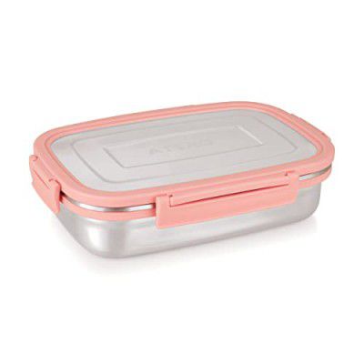 Attro Click Eat Big Stainless Steel Lunch Box with 1 Small Container Airtight & Spill Proof BPA Free Ideal - 900ml+200ml Peach