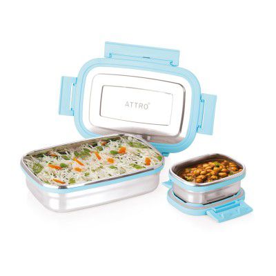 ATTRO Click Eat Junior Stainless Steel Lunch Box - 650ml+140ml Sky Blue