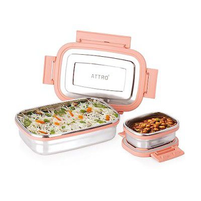 Attro Click Eat Junior Stainless Steel Lunch Box with - 650ml+140ml Peach