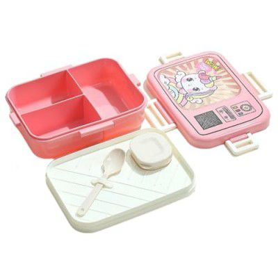 ATTRO Craze Unicorn Theme Kids Lunch Box with 3 Compartment, 1 Separate Internal Lid, 1 Small Container & Spoon Microwave Safe-1290ml+70ml Pink
