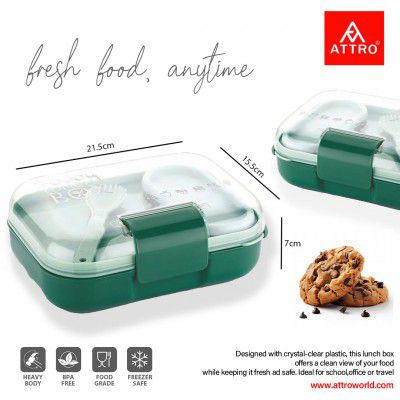 ATTRO Food Bite Kids Plastic Lunch Box – 3 Compartments, 1 Small Container & Spoon - Purple Pink-500ml