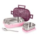 Attro Food Time Stainless Steel Lunch Box, Airtight & Leak Proof - 2 Containers with Spoon (Big 750 Ml & Small 250 Ml) - Purple & Pink...