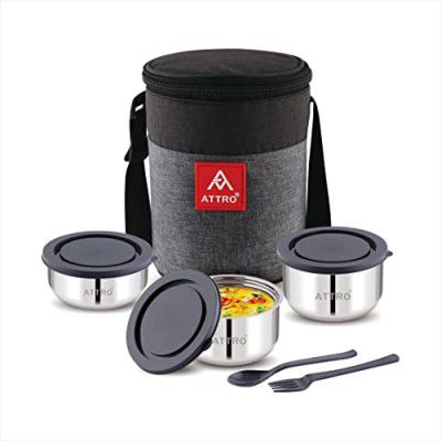 Attro Fresho Stainless Steel Double Wall Lunch Box, 3 Containers with Bag, Fork & Spoon 800 ml - Grey