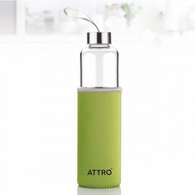 ATTRO Glassox Aqura 750ml Borosilicate Glass Water Bottle with Sleeve & Steel Lid (Green)
