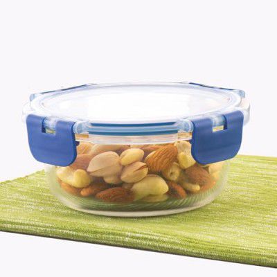 ATTRO Glassox Borosilicate Round Glass Lunch Box with PP Snap Lock Lid Leak-Proof 400ml