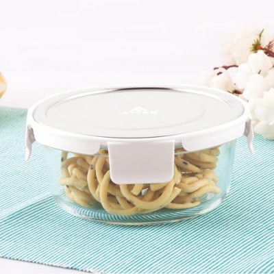 ATTRO Glassox Borosilicate Round Glass Lunch Box with Stainless Steel Lid Food Storage Container- 620ml