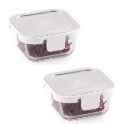 ATTRO Glassox Borosilicate Square Glass Lunch Box with Stainless Steel Lid Food Storage Container Microwave & Freezer Safe BPA-Free Food-Grade 320ml Set of 2