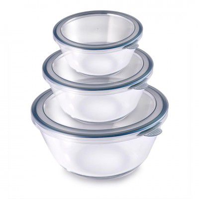 Attro Glassox Classic Mixing Bowl with lid Borosilicate Glass Bowl Set of 3 500ml, 1000ml, 1600ml