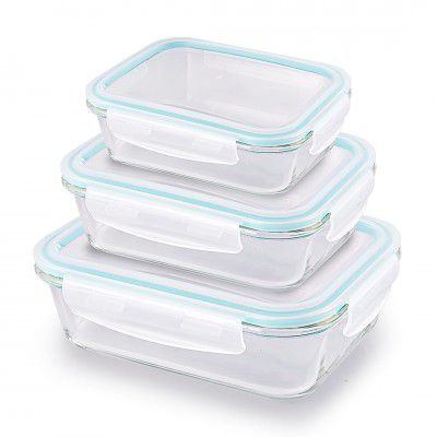 ATTRO Glassox Classic Rectangle Lunch Box Set of 3 370 ML, 630 ML, 1040 ML