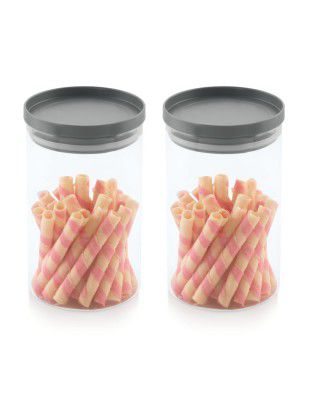 ATTRO Glassox Stack-O Borosilicate Round Glass Storage Jar with Airtight PP Lid - 1000ml Set of 2