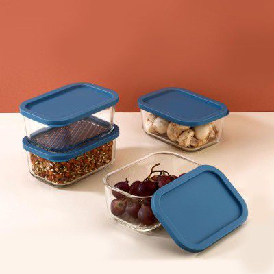 ATTRO Glassox Storeit Borosilicate Glass Storage Containers – 750ml, Set of 4, Transparent & Stackable with PE Lids, Microwave, Fridge & Dishwasher Safe, Ideal for Kitchen, Meal Prep & Leftovers- Blue