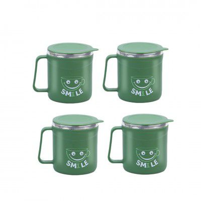 ATTRO Happy Mug Set of 4-Comes with Double Wall Inner Stainless Still - 300ml-Olive Green