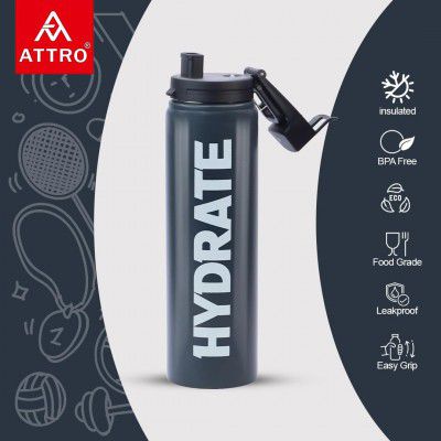 Attro Hydrate 1000 Stainless Steel 900ml Water Bottle Sleek & Stylish Matt Finish Bottle Food Grade, Leakproof Perfect for Office, School & Outdoor- Dark Grey