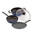 Attro Imperial 4pcs Non Stick Combo Kitchen Induction and Gas Compatible Cookware Set Kadai, Fry Pan, Dosa Tawa & 1 Glass Lid- Indigo Blue Matt...